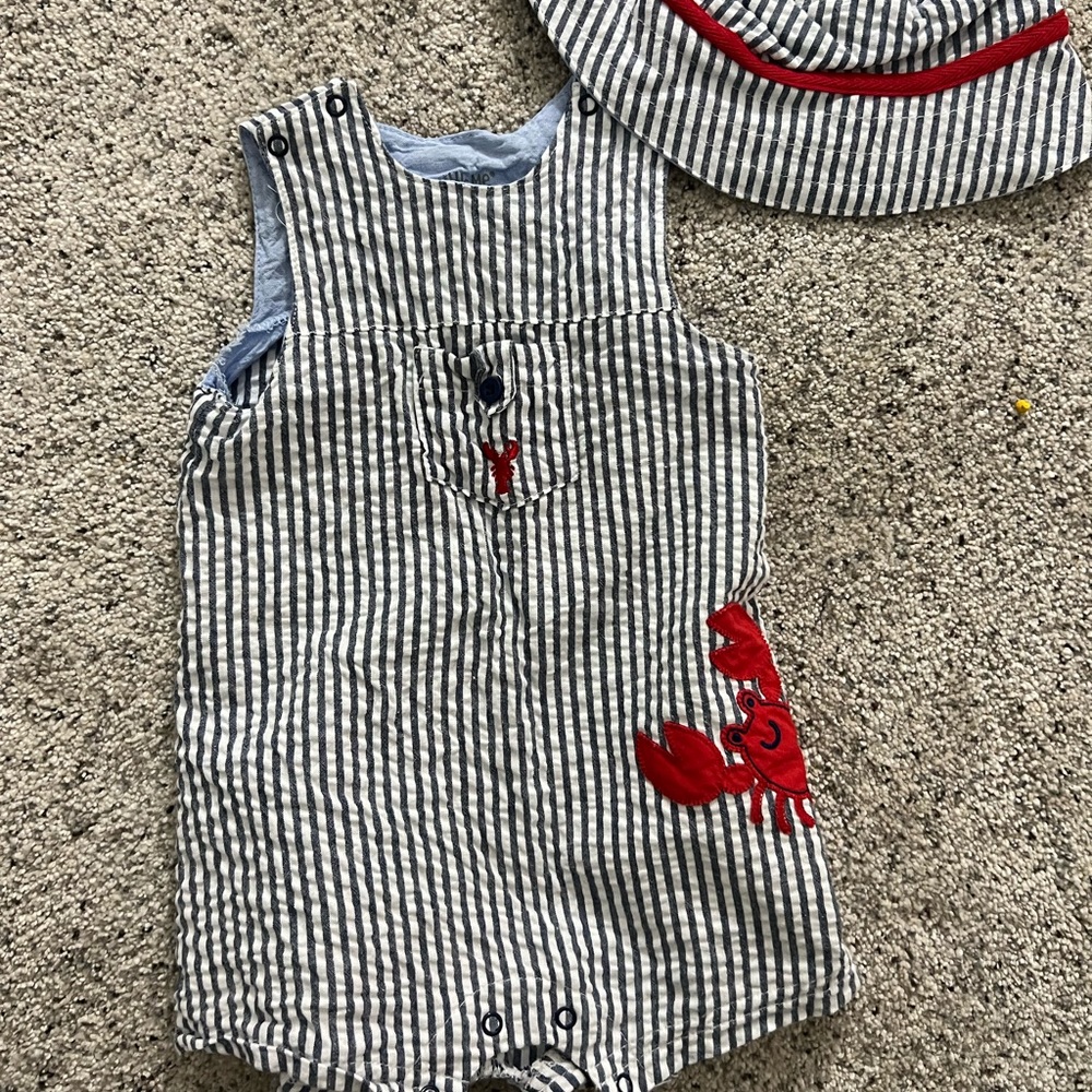 Baby boys lobster outfit with matching hat, purchased from a boutique